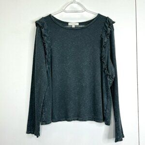 Anthropologie Eri + Ali Top Womens XL Ruffle Long Sleeve Round Neck Shirt Green
